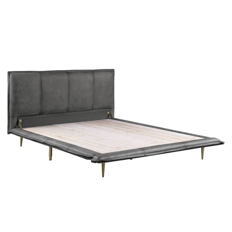 Queen Size Bed Frame - Modern Asian Fusion Leather Bed - Gray Bedroom Furniture