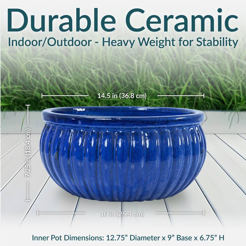 Sunnydaze Ribbed Glazed Ceramic Planter Bowl - Imperial Blue