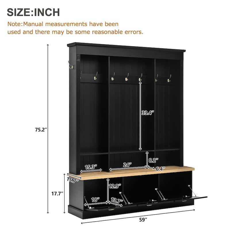 Hall Tree Hallway Storage Bench with Shoe Cubbies and Coat Rack with Hooks