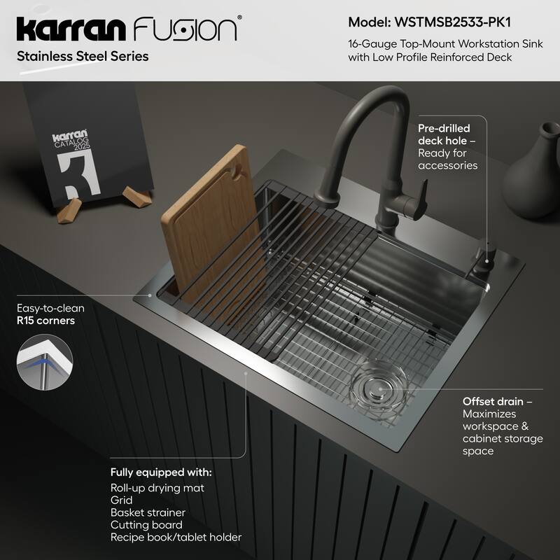Karran USA WSTMSB2533-PK1 Fusion 25" Drop In Single Basin Stainless