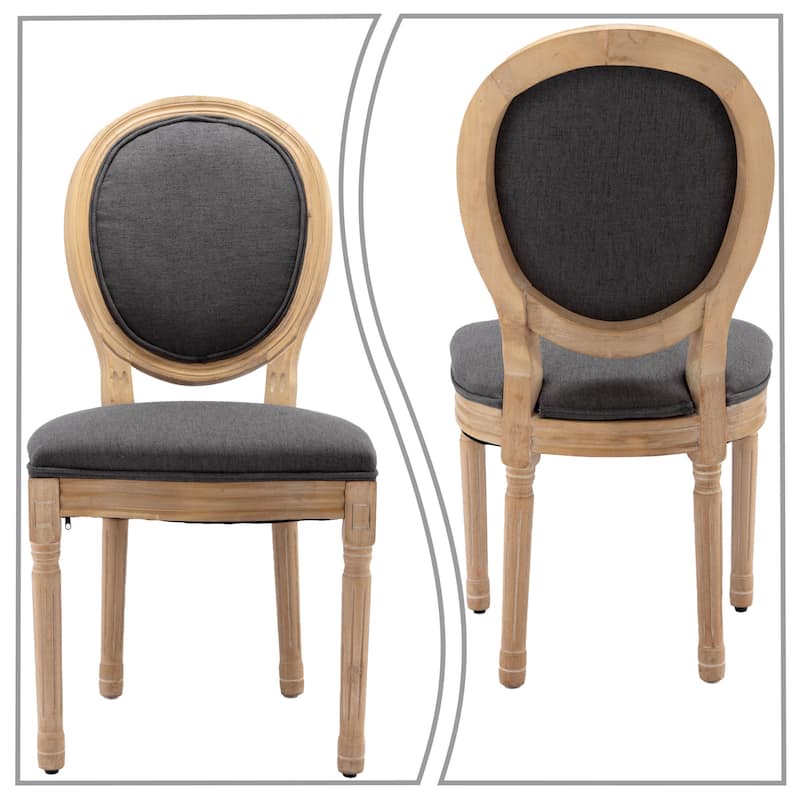 Vintage French Style Set of Two Linen Upholstered Dining Chairs with Solid Rubberwood Frame Legs