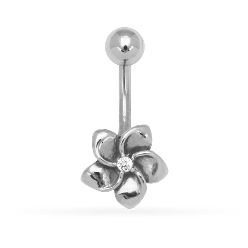 14k Gold 14-Gauge Cubic Zirconia Plumeria Flower Drop Body Jewelry Belly Ring (yellow or white) - White