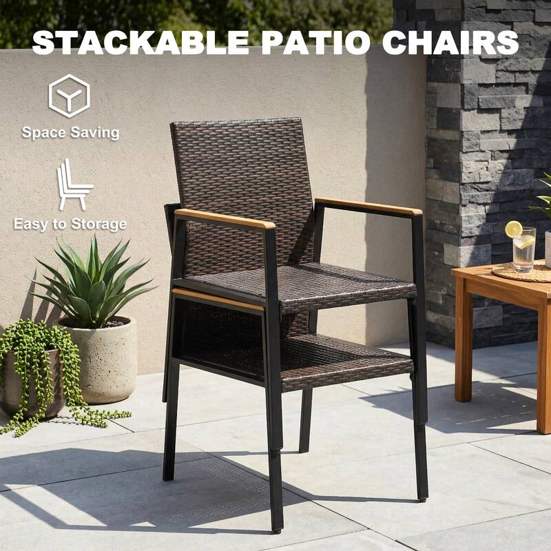 All Weather Wicker Patio Chairs Set of 2, Acacia Wood Armrests