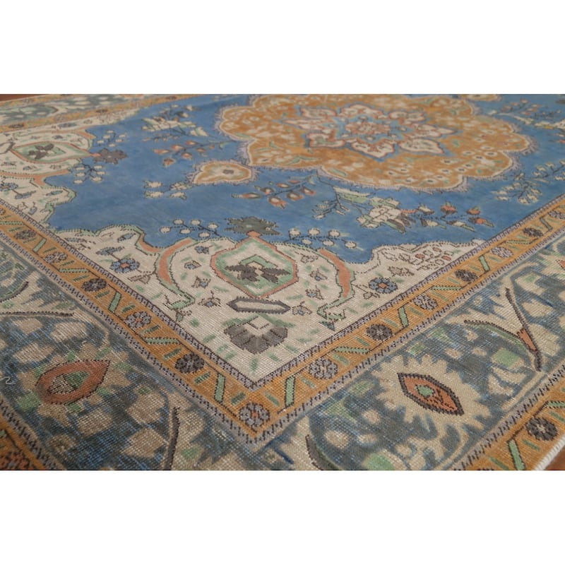 Blue Tabriz Persian Vintage Rug Hand-Knotted Oriental Wool Carpet - 6'5"x 9'5"