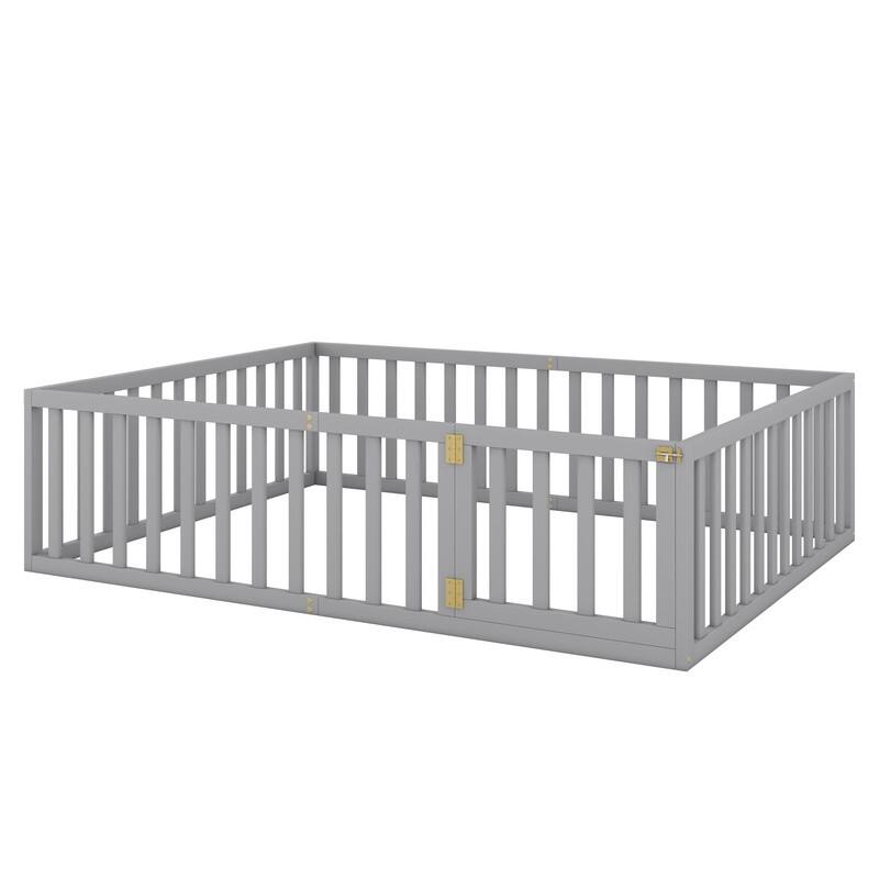 Queen Size Kids Bed Wood Floor Bed Frame with Fence and Door, Gray
