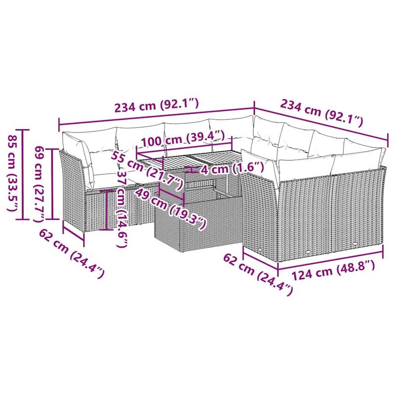 vidaXL Patio Sofa Set with Cushions Lounge Sofa Modules 9 Piece Poly Rattan - 21.7 x 39.4 x 28.7