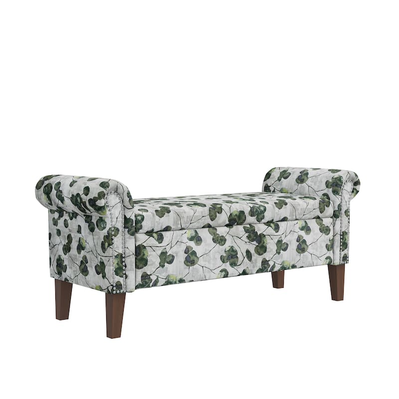 Wallen Traditional Rolled Arm Storage Bench Ottoman with Nailheads - Green & Grey