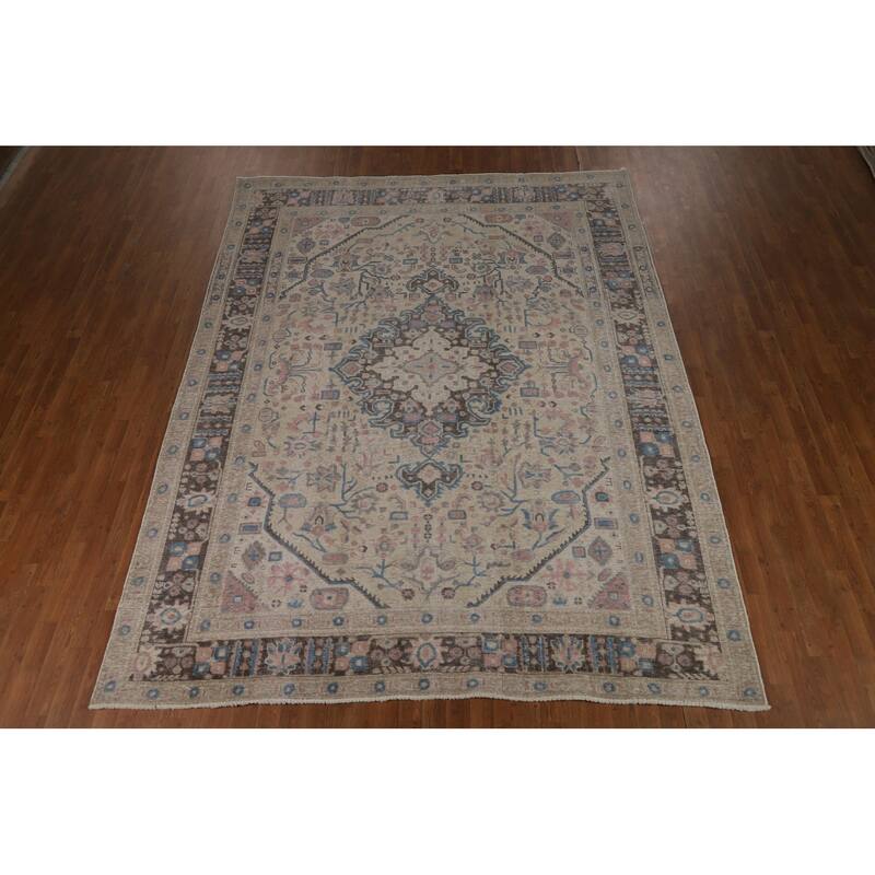 Geometric Beige Tabriz Persian Rug Hand-Knotted Wool Carpet - 8'1"x 10'8"