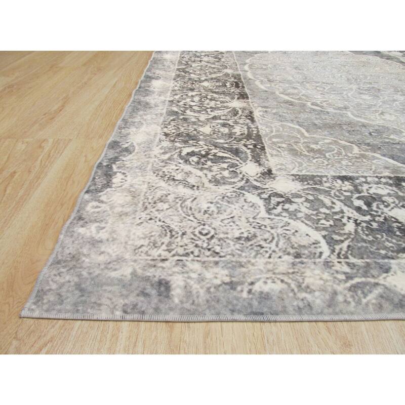 Gray Machine-Made Polyester Traditional Distressed Medallion Rug, 5'3 x 7'6 - Sleek durable rug with modern vintage appeal.