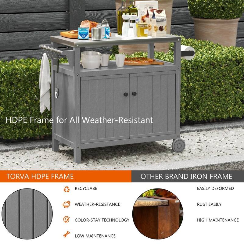 HDPE Portable Outdoor Grill Cart, Waterproof BBQ Prep Table, 304 Stainless Steel Top, Camping Cart 42.12" L x 20.71" W, Black