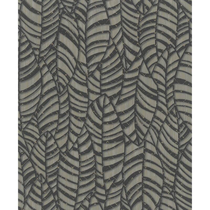 Galerie Wallcoverings Serene Collection Metallic Botanical Leaves Vinyl on Non-woven Wallpaper Roll - 33 feet x 21 inches - Black