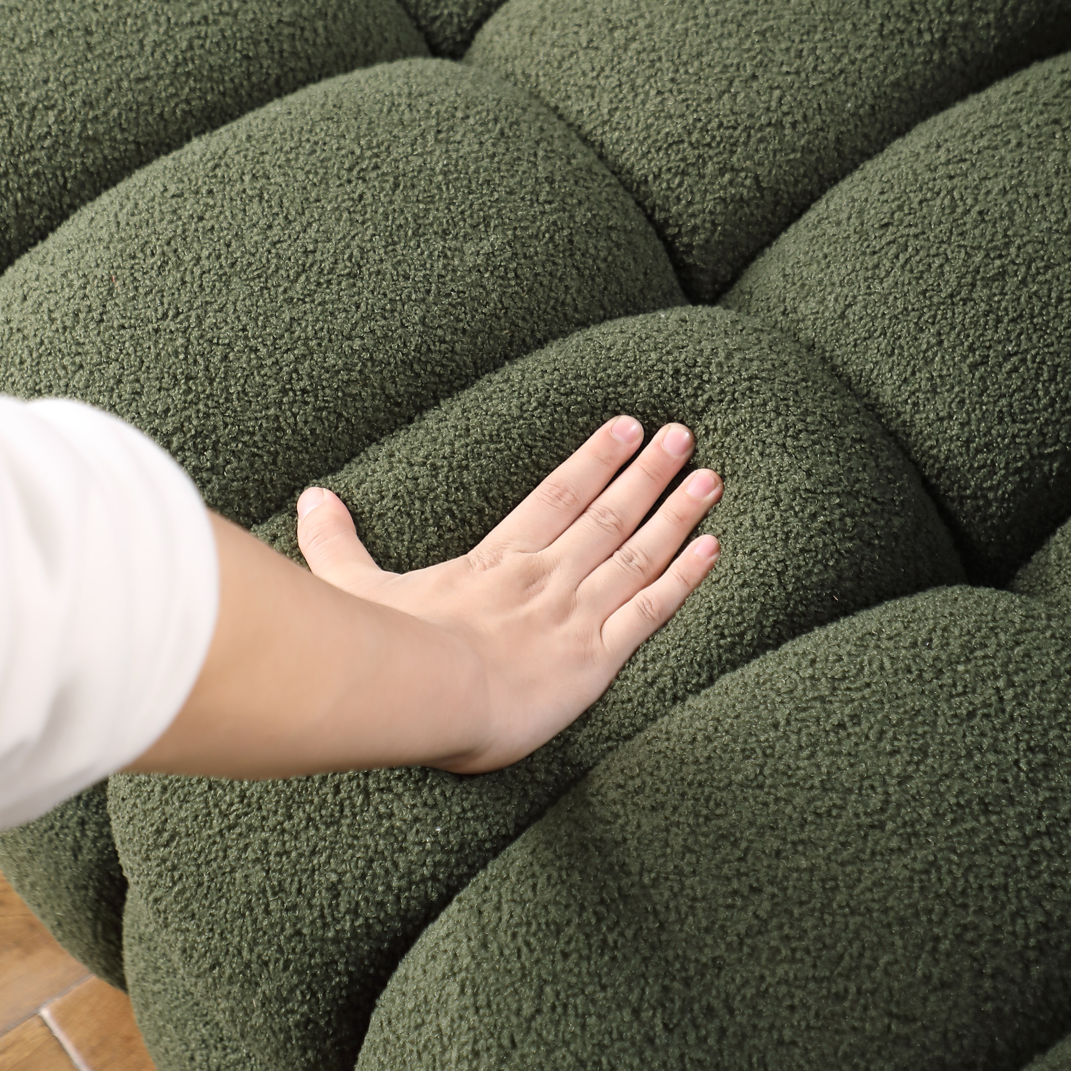 3 Seater Marshmallow Tufted Sofa Boucle Fabric Couch with Throw Pillows and Plush Multi Density Foam Cushions for Living Room Olive Green