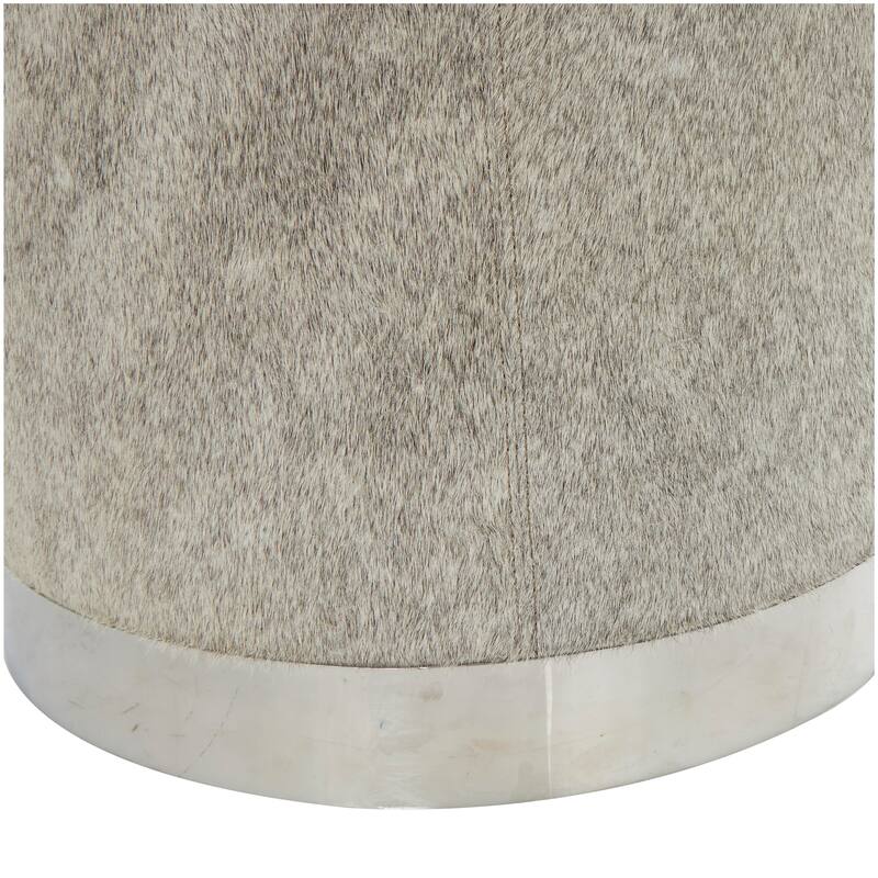 Gray Leather Patchwork Stool with Silver Metal Base