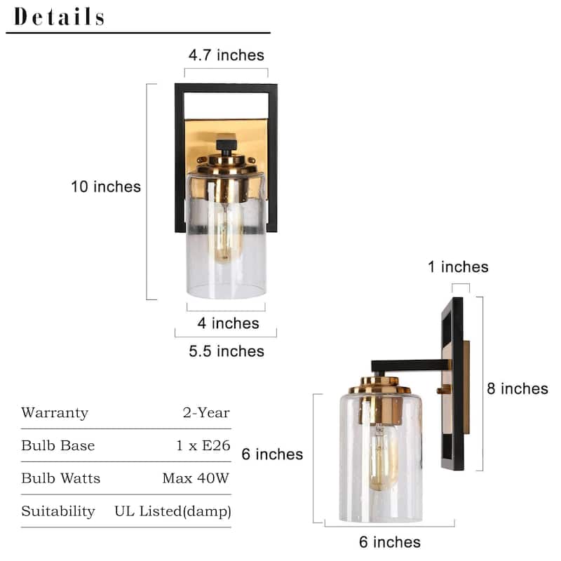 1-Light Cylindrical Seeded Glass Wall Sconce Modern Black Gold Vanity Lights - 5.5" L x 6" W x 10" H
