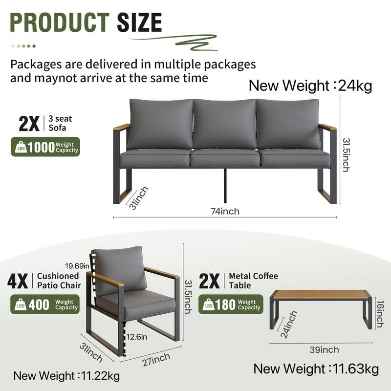 Outdoor 4 Pieces Furniture Sets Modern Iron Patio Conversation Sets Sofa w Grey Cushion Faux Wood Grain Frame Coffee Tab