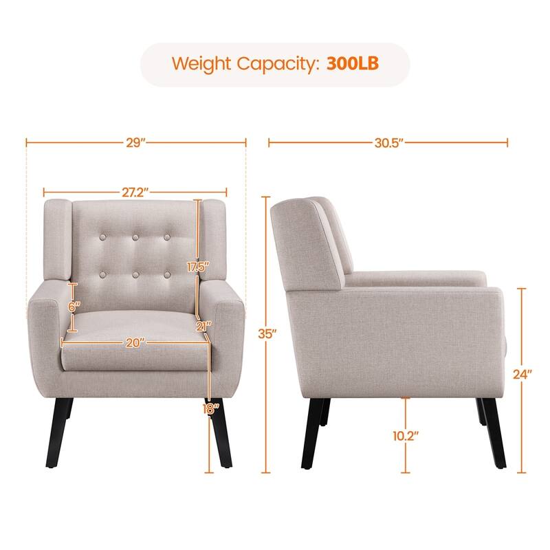 Yaheetech Upholstered Button Tufted Accent Chair with Solid Wood Legs, Beige - 29"×30.5"×35"