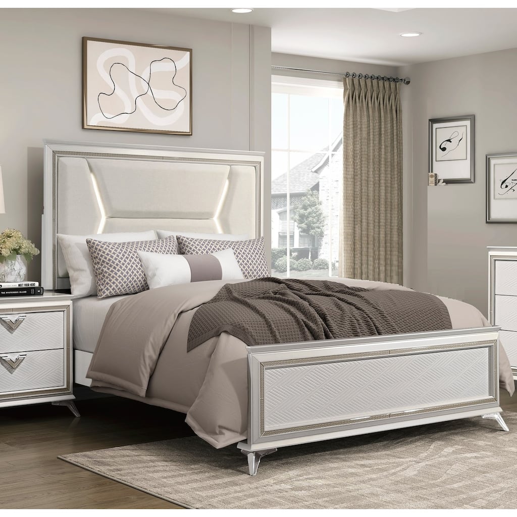 Modern Queen Bed with LED Upholstered Headboard, White and Gold Finish