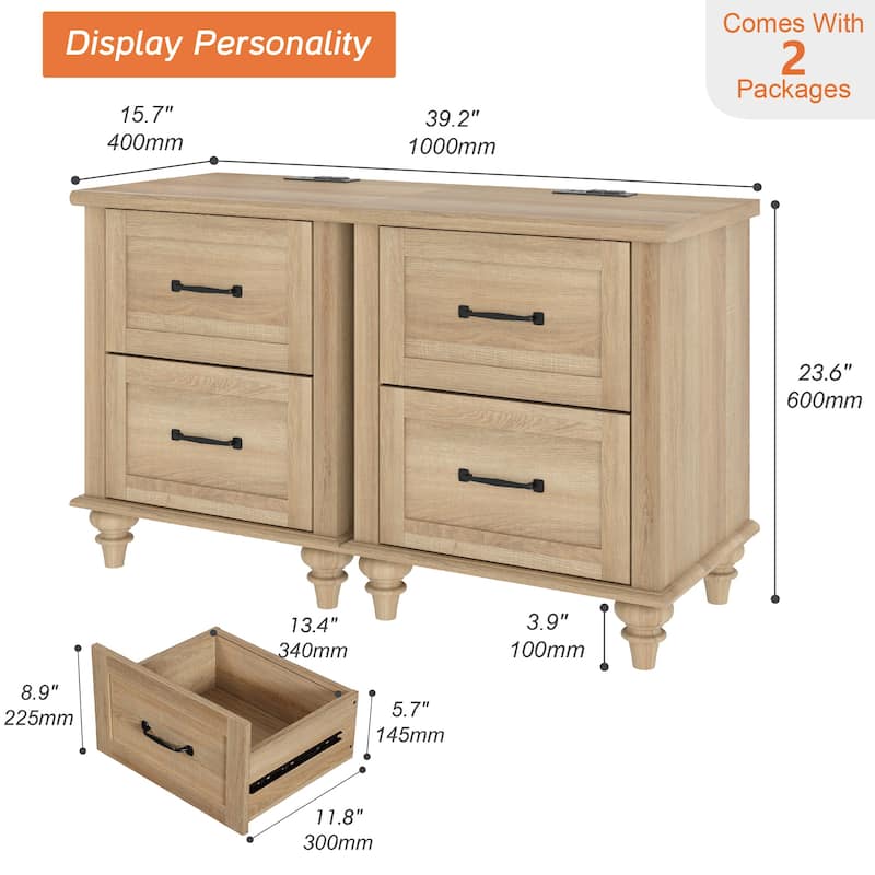 Nightstand with Charging Station, 2-Drawer End Table for Bedroom
