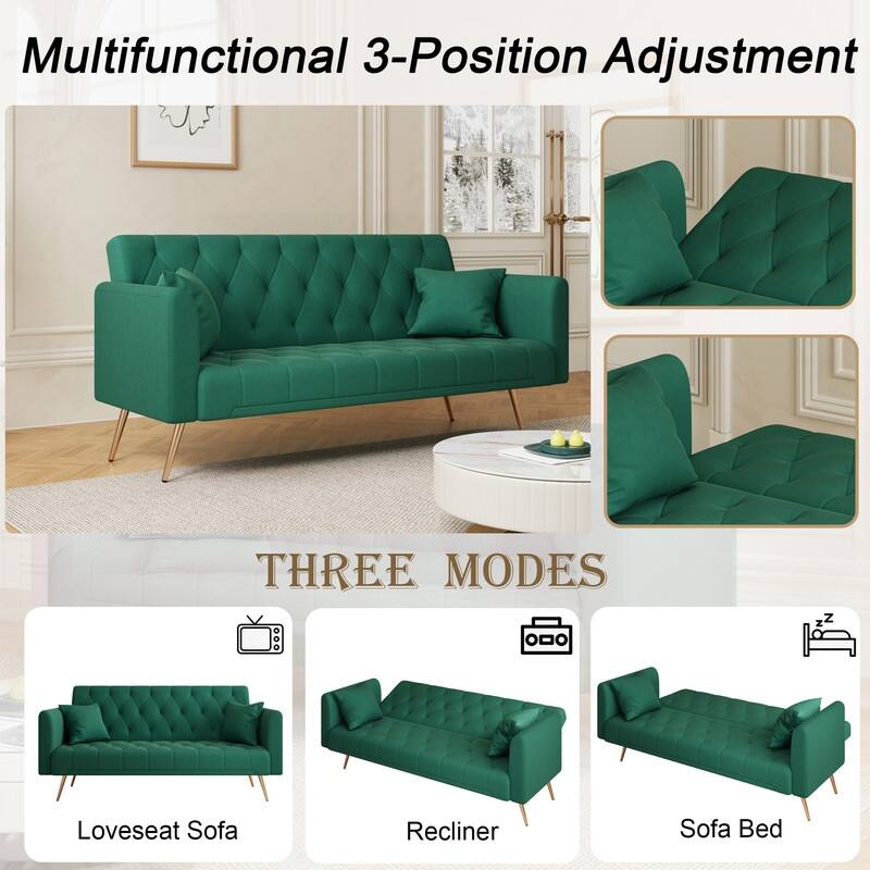 71" Velvet Green Gray Double Sofa Bed