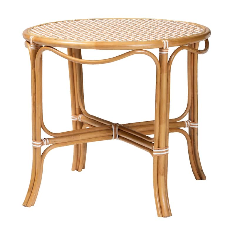Mattie Natural Rattan Round Bistro Dining Table - Handwoven Cafe-Style Accent Table for Kitchen or Indoor/Outdoor Lounge - Natural Brown/Beige/White
