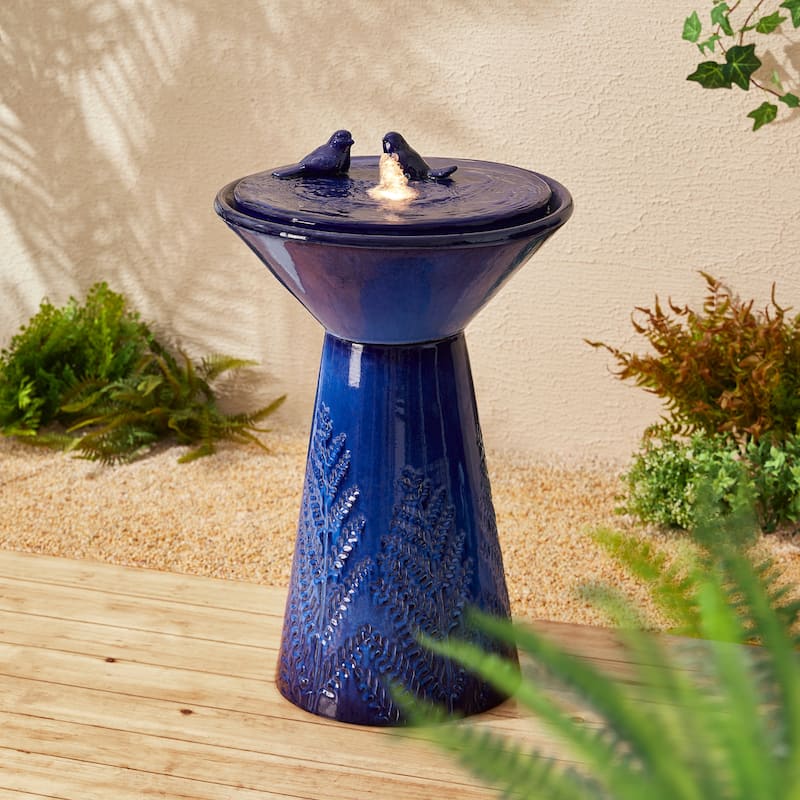 Glitzhome 27.5"H Two Birds Embossed Ceramic LED Birdbath Patio Outdoor Fountain
