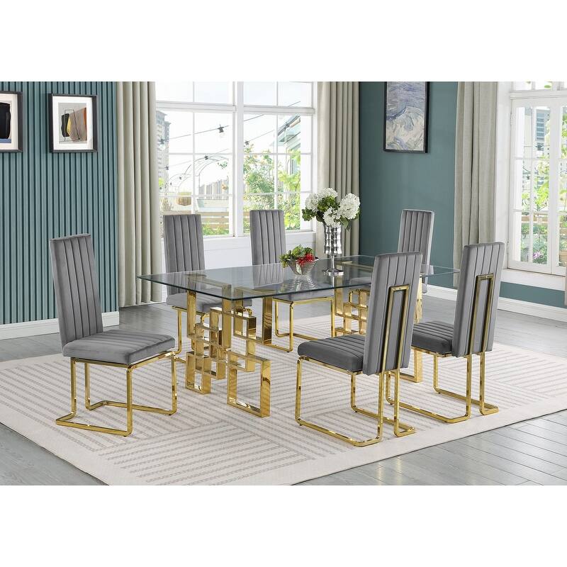 Best Quality Furniture Small Glass Dining Sets - 7pcs - Gold Chrome - Dark Gray 