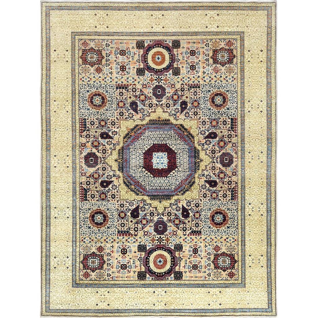 Shahbanu Rugs Ivory, Super Fine Peshawar with Mamluk Design, Dense Weave, 200 KPSI, Wool Hand Knotted Oriental Rug (8'10"x11'8")
