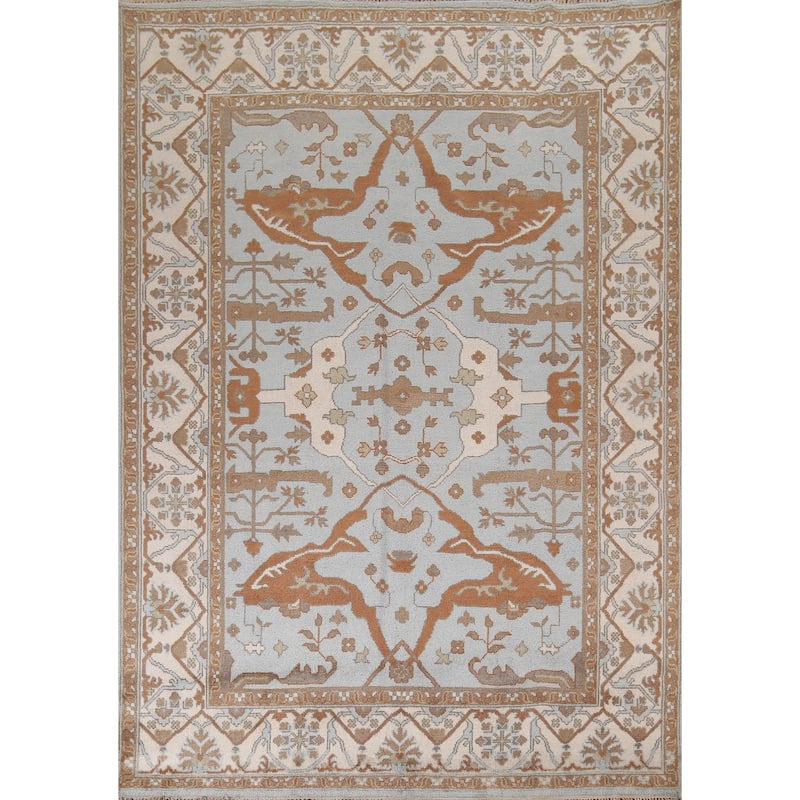 Light Blue Oushak Indian Area Rug Hand-Knotted Wool Carpet - 8'1"x 9'11"