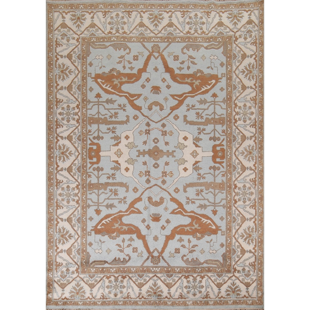 Light Blue Oushak Indian Area Rug Hand-Knotted Wool Carpet - 8'1"x 9'11"