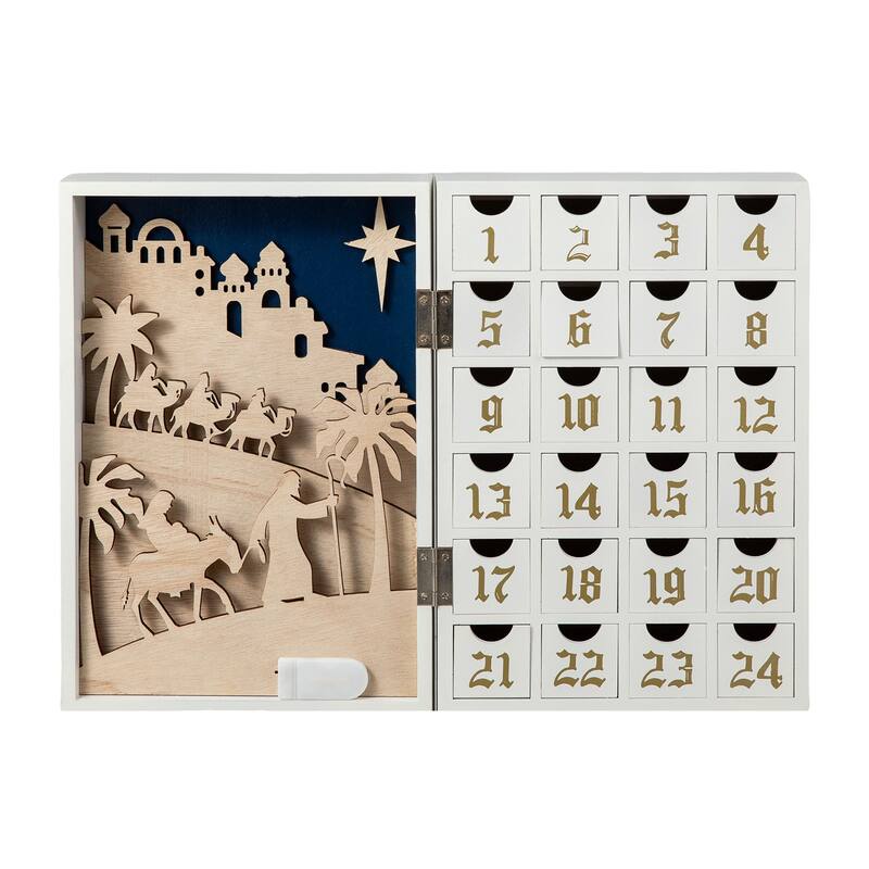 Glitzhome 17"L Lighted Wooden Nativity Advent Calendar for Adults & Kids Christmas Decoration - Nativity Advent Calendar