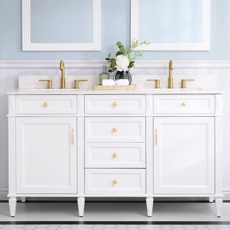 35''H Solid Wood Bath Vanity With Carrera White Quartz Top and Sink - 60''W - White