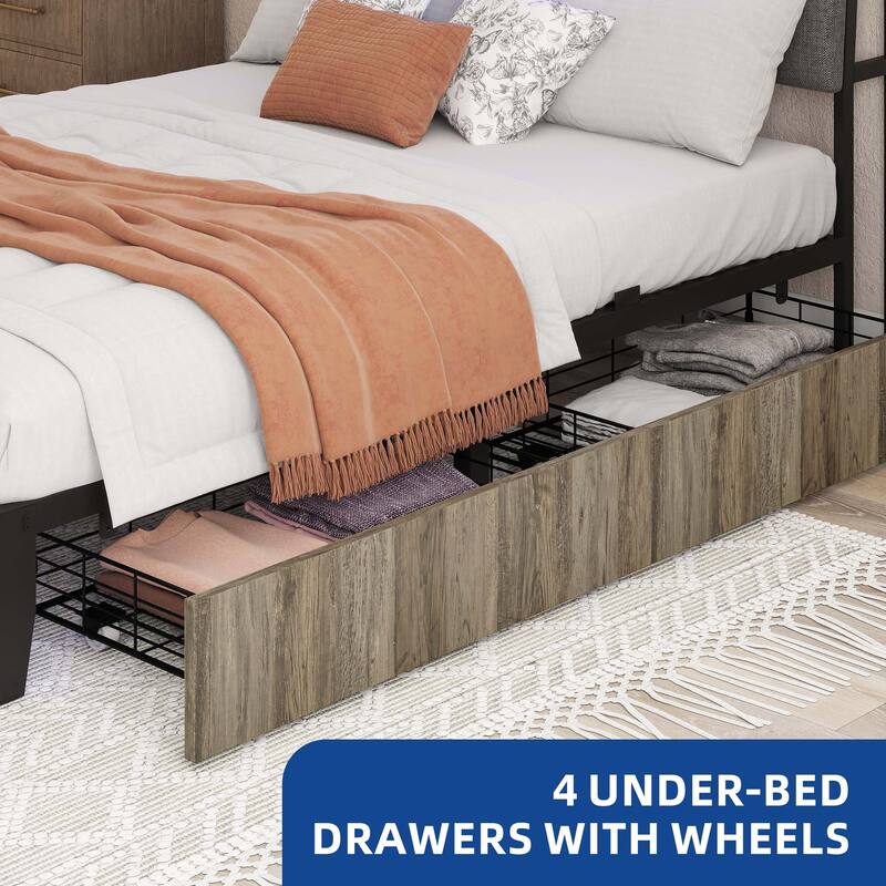 Moasis Rustic Grey Storage Platform Bed Frame with Storage Headboard with Power Outlets and 4 Drawers