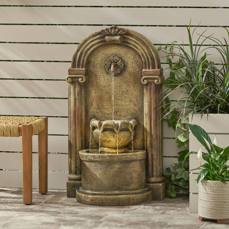 Roomfitters 35-Inch Outdoor Tiered Water Fountain with LED Lights and Internal Pump, Weather-Resistant Faux Stone, Light Brown