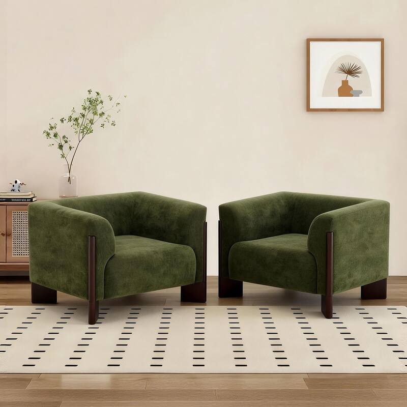 Upholstered Nordic Wide Seat Tuxedo Arms Barrel Chair Set of 2 - Green-Chenille