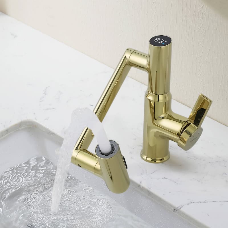 Lefton Rotatable Bathroom Faucet with Temperature Display in Fahrenheit (Batteries-Free), BF2204 - Polished Gold