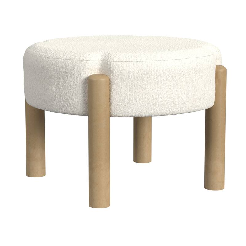Eli 22 Inch Cream Boucle Ottoman Footstool on Natural Brown Hardwood Base - Cream+Brown