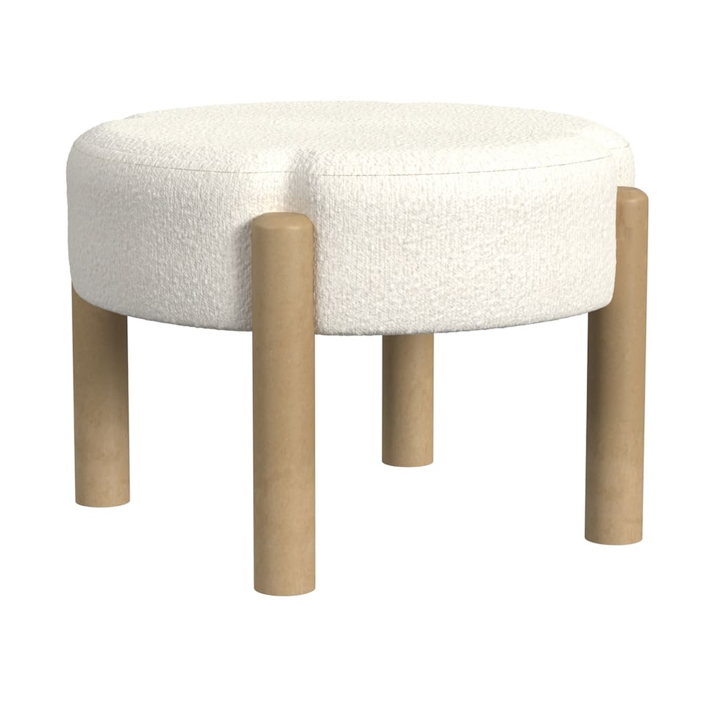 Eli 22 Inch Cream Boucle Ottoman Footstool on Natural Brown Hardwood Base
