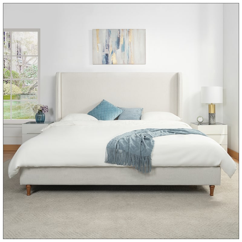 Upholstered Platform Bed with Curve-Shaped Design Headboard - Ivory - King