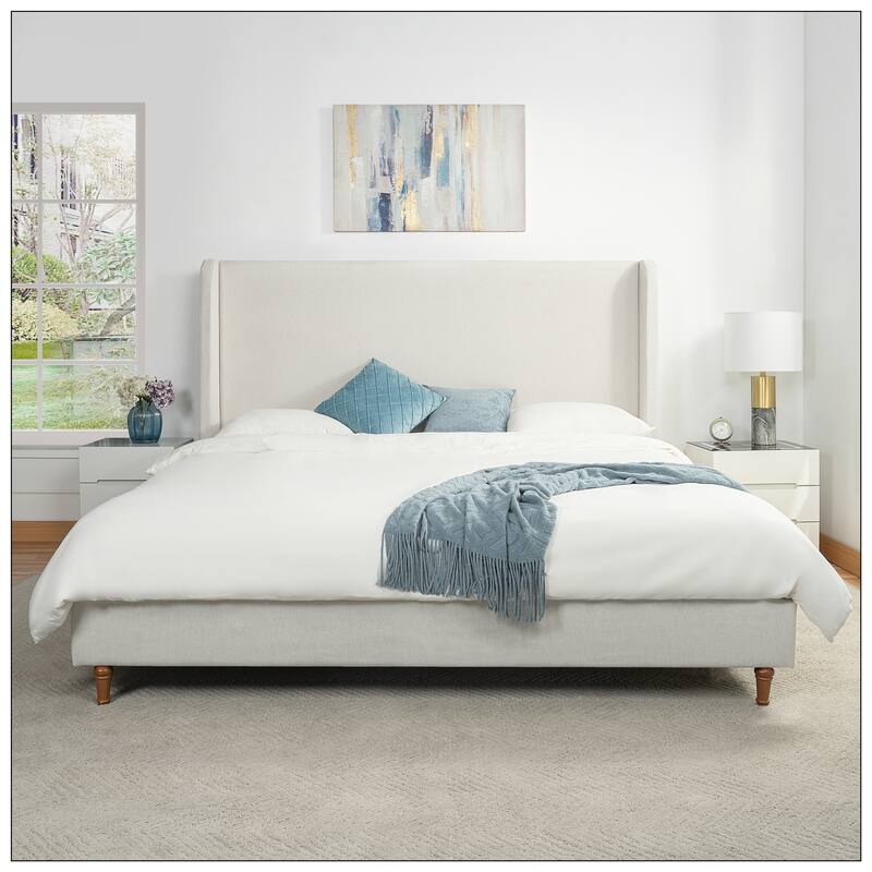 King Size Chenille Platform Bed Ivory