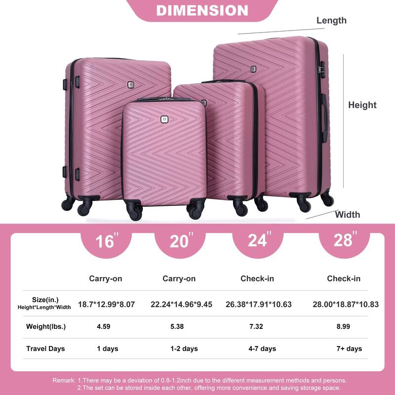 ABS 4-Piece Luggage Set with TSA Lock, Rotating Spinner Wheels, 16", 20", 24", 28" Suitcases for Travel