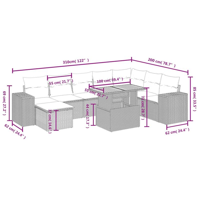vidaXL Patio Sofa Set with Cushions Table and Stool 9 Piece Poly Rattan Acacia - 21.7 x 39.4 x 28.7