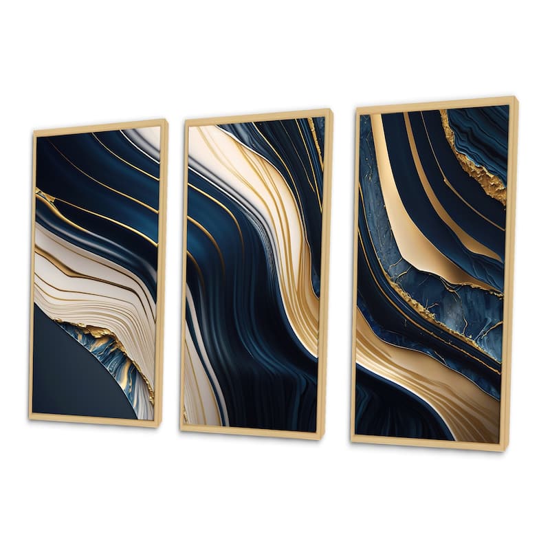 Designart "Abstract Geode Waves Blue And Gold II" Modern Waves Framed Canvas Art Print - 3 Panels
