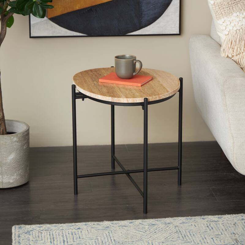 Marble Round Accent Table with Black Metal Support - Beige - Roche River Decor - 16"W x 19"L x 20"H