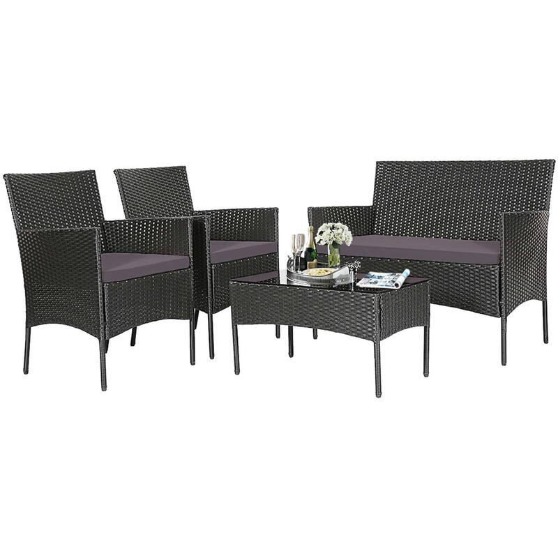 4 PCS Patio Furniture Set Rattan Sofa & Chairs Set - Grey