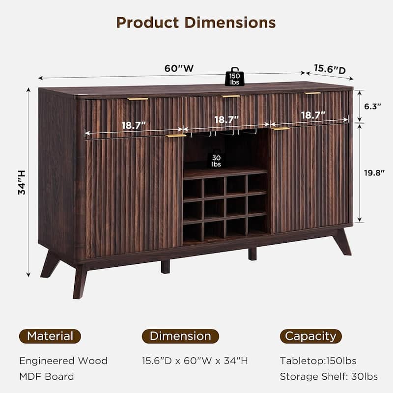 Modern Fluted Wine Bar Cabinet, Coffee Bar Cabinet w/Wine & Glass Rack