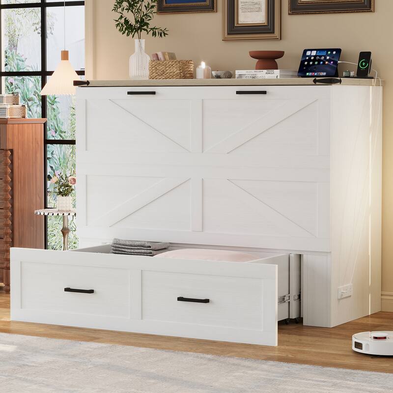 Full/Queen Size Pull Out Murphy Bed Frame, Wood Foldable Platform Cabinet Bed with Charging Station and Large Storage Drawers