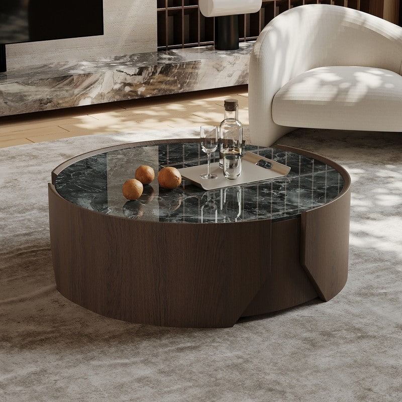 35.43" Modern Round Coffee Table, Dark Brown Solid wood, Glossy Faux Marble Table top, for Living Room