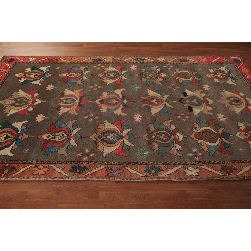 All-Over Brown Floral Gabbeh Persian Area Rug Hand-Knotted Wool Carpet - 5'2"x 9'0"