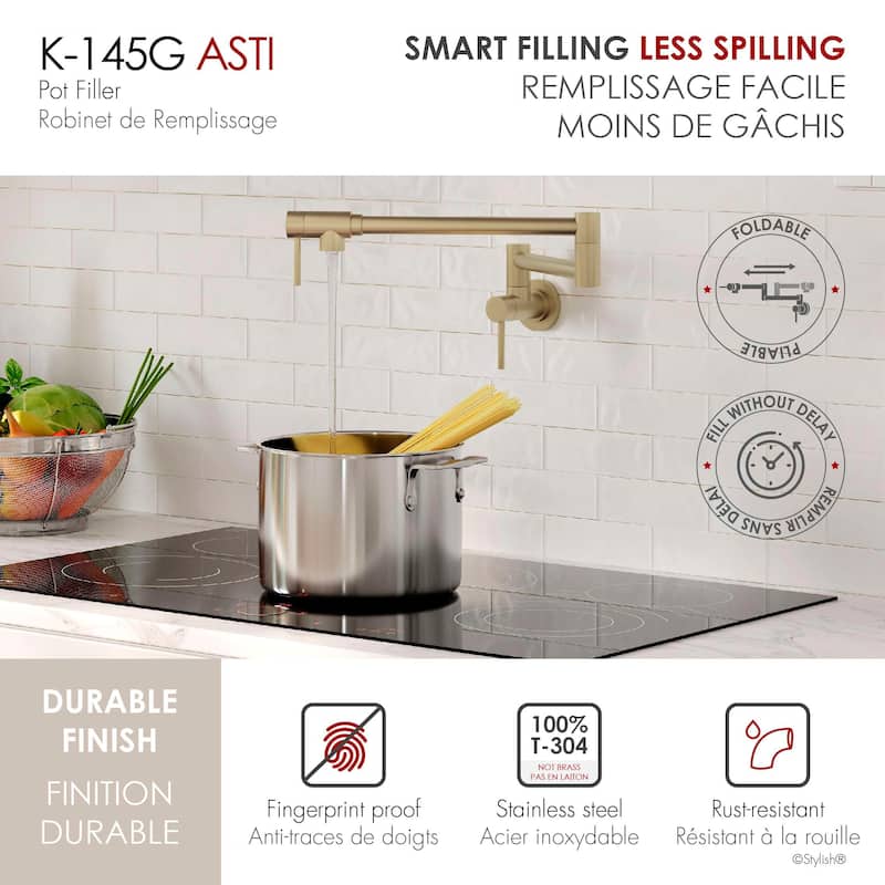 STYLISH Stainless Steel Wall Mount Pot Filler Folding Stretchable with Single Hole Two Handles