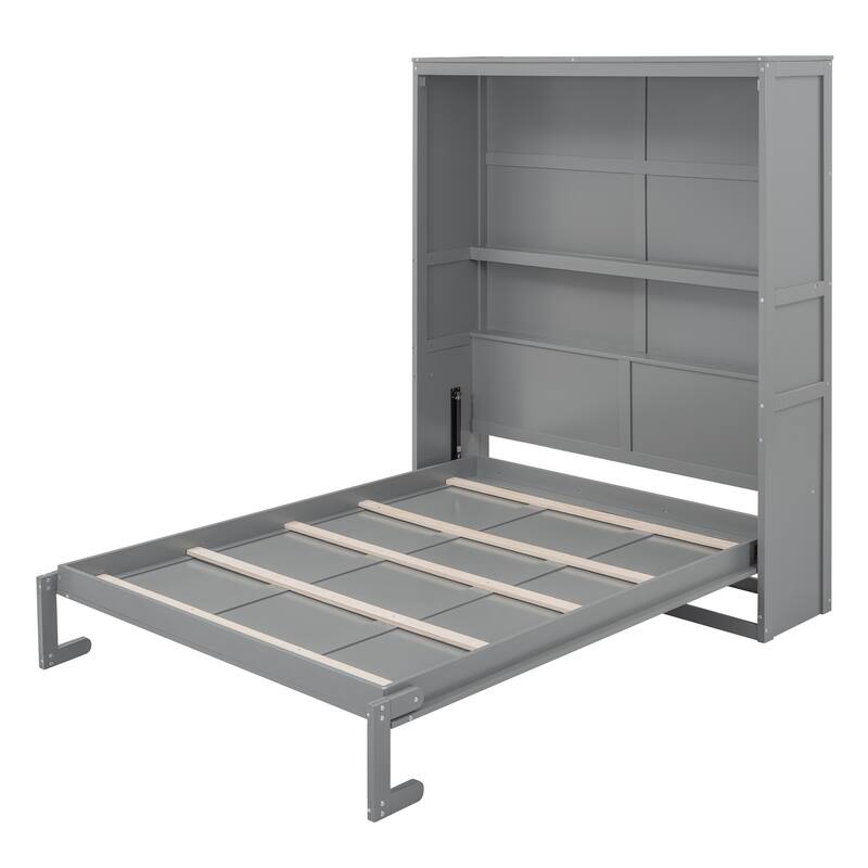 Murphy Bed Wall Beds with Storage Shelves Hide Away Platform Bedframe Easily Folds into Wood Cabinet, Noise Free